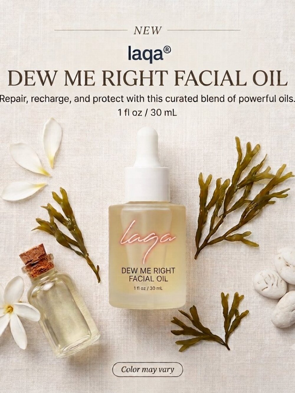 Laqa Dew Me Right Rose Moringa Facial Oil 1 fl oz Repair Recharge Protect